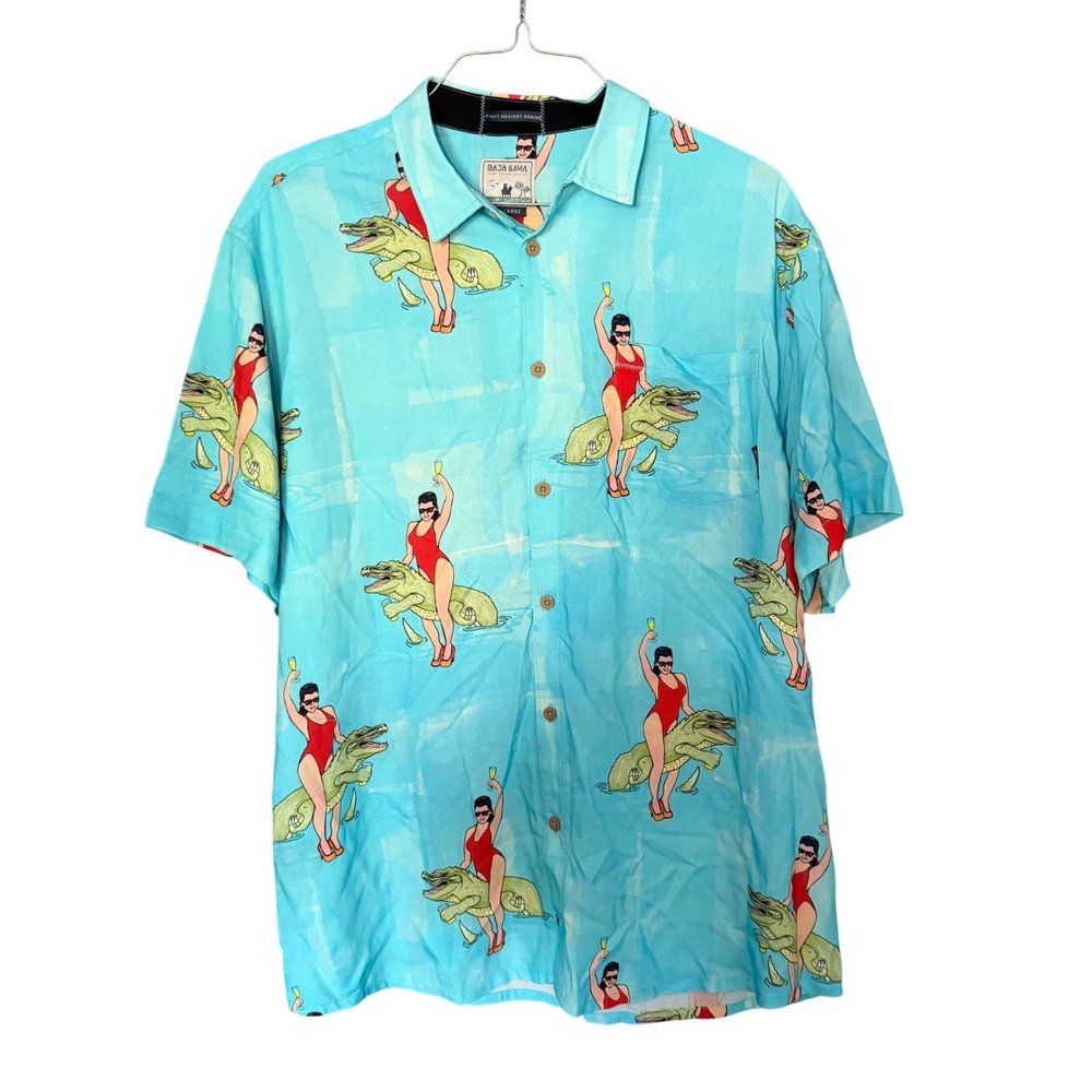 Baja Llama Shirt Mens XXL Gator Rider Novelty Short Sleeve Button Up Aloha